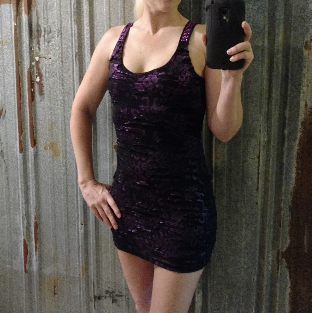 Sexy Metallic Purple Slasher Rhinestone Bodycon Mini Yoyo5 Dress